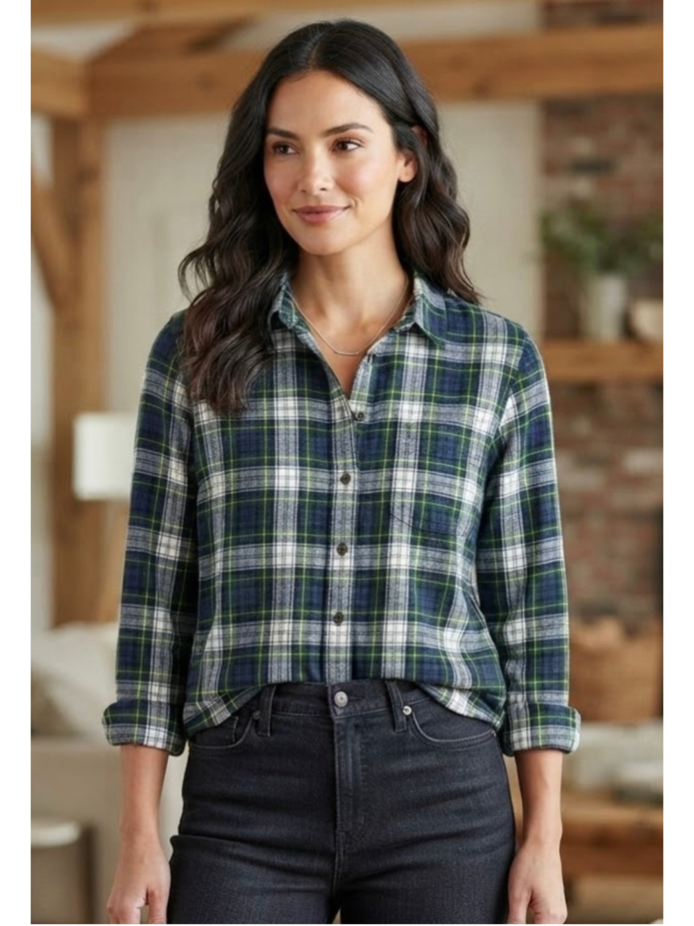 L.L. Bean Planned Plaid Flannel Button-Up Top Size Large GUC Cabincore